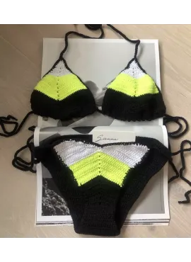 Sexy háčkované  tříbarevné neon bikiny