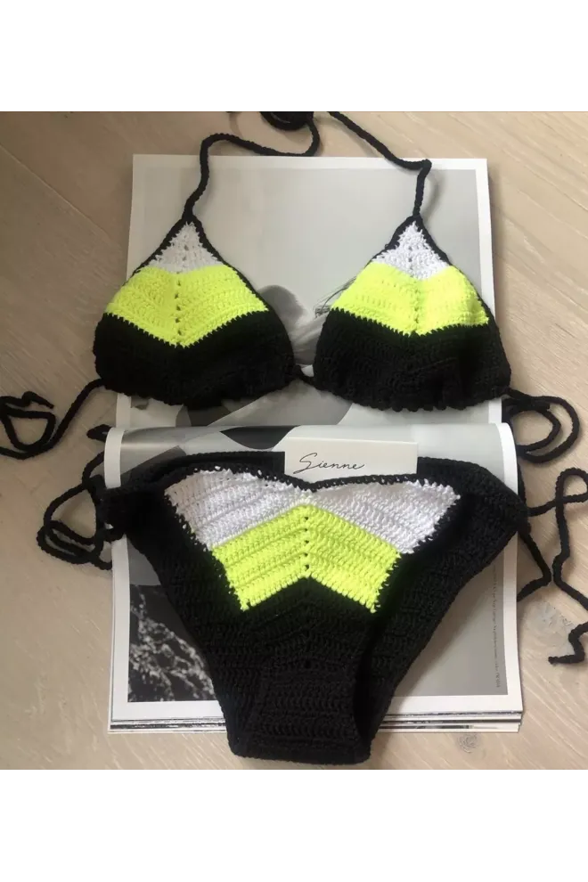 Sexy háčkované  tříbarevné neon bikiny