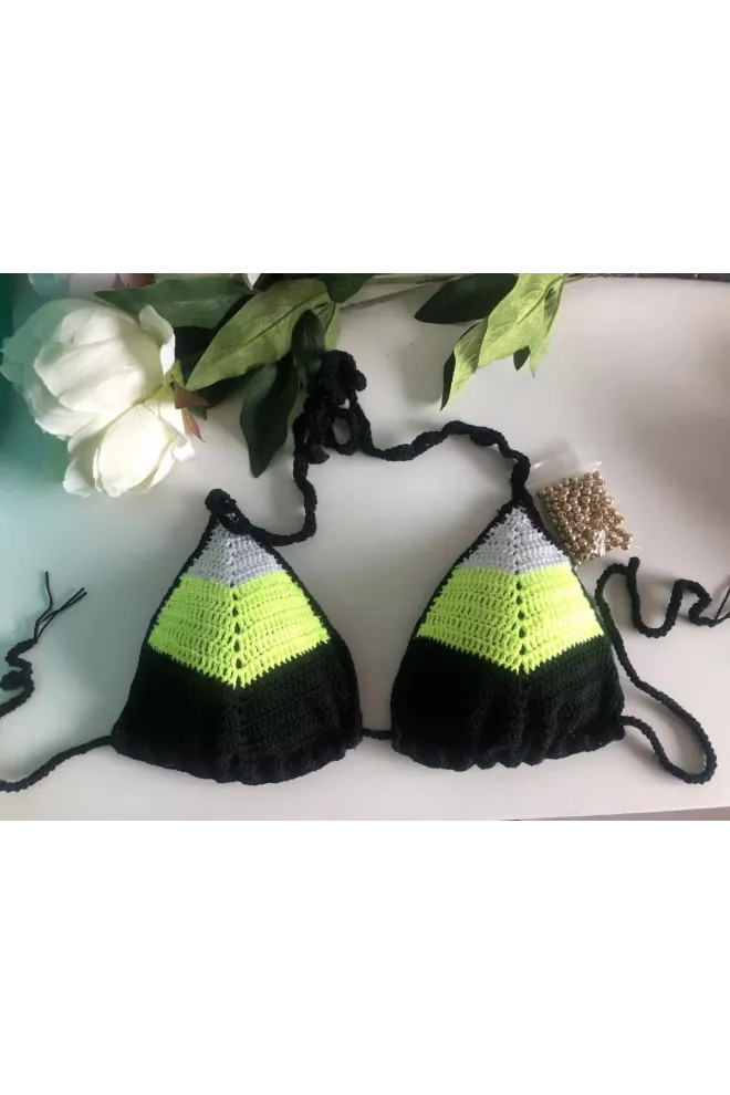 Sexy háčkované  tříbarevné neon bikiny