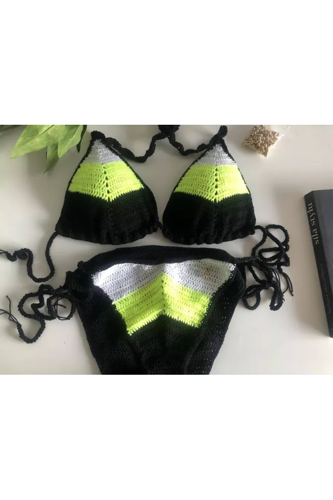 Sexy háčkované  tříbarevné neon bikiny